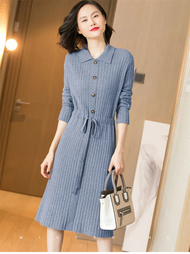 Loose Pullover Sweater Dress Lace-UP 2026 New Spring Size XXXL High-End Turn-Down Collor Long Knitted Dress Women's Autumn Dress