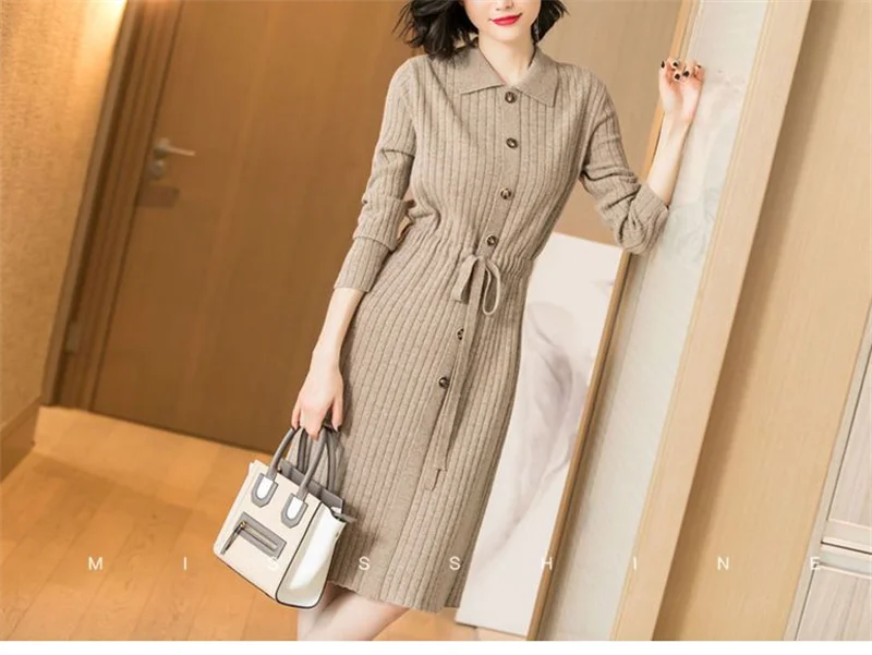Loose Pullover Sweater Dress Lace-UP 2026 New Spring Size XXXL High-End Turn-Down Collor Long Knitted Dress Women's Autumn Dress