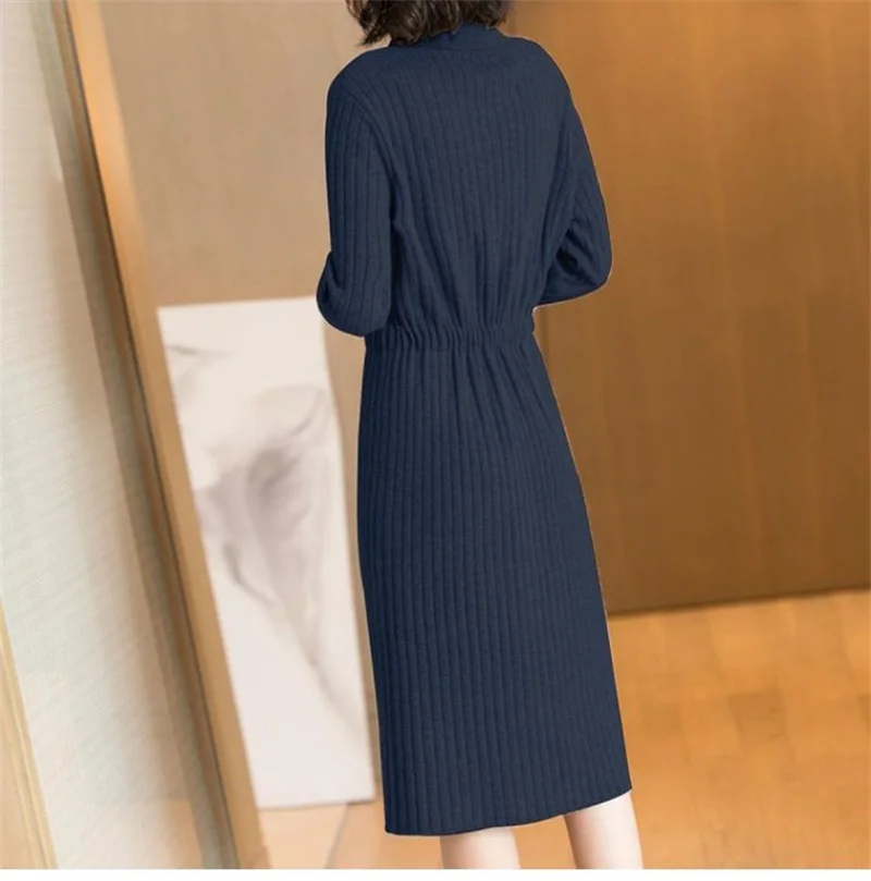 Loose Pullover Sweater Dress Lace-UP 2026 New Spring Size XXXL High-End Turn-Down Collor Long Knitted Dress Women's Autumn Dress