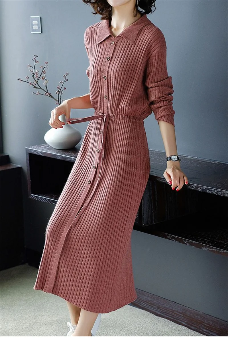 Loose Pullover Sweater Dress Lace-UP 2026 New Spring Size XXXL High-End Turn-Down Collor Long Knitted Dress Women's Autumn Dress
