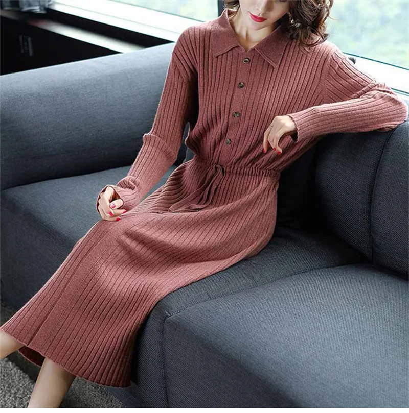Loose Pullover Sweater Dress Lace-UP 2026 New Spring Size XXXL High-End Turn-Down Collor Long Knitted Dress Women's Autumn Dress