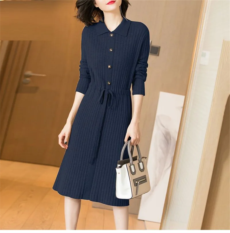 Loose Pullover Sweater Dress Lace-UP 2026 New Spring Size XXXL High-End Turn-Down Collor Long Knitted Dress Women's Autumn Dress
