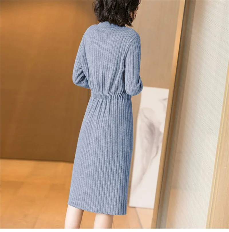 Loose Pullover Sweater Dress Lace-UP 2026 New Spring Size XXXL High-End Turn-Down Collor Long Knitted Dress Women's Autumn Dress