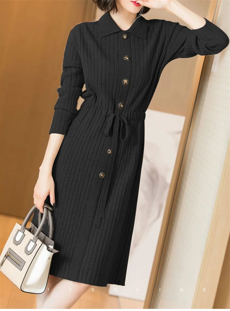 Loose Pullover Sweater Dress Lace-UP 2026 New Spring Size XXXL High-End Turn-Down Collor Long Knitted Dress Women's Autumn Dress
