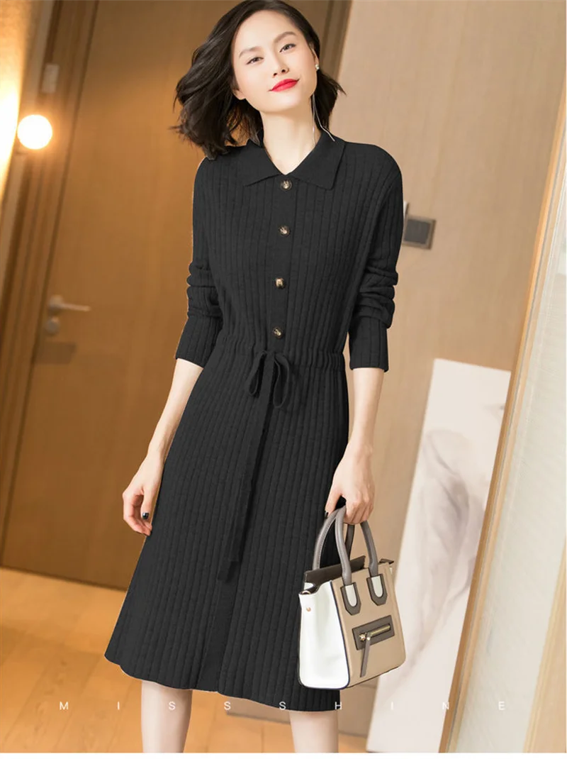 Loose Pullover Sweater Dress Lace-UP 2026 New Spring Size XXXL High-End Turn-Down Collor Long Knitted Dress Women's Autumn Dress
