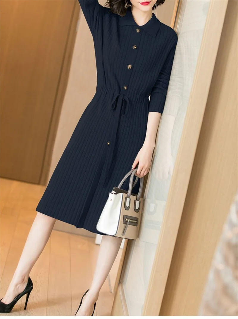 Loose Pullover Sweater Dress Lace-UP 2026 New Spring Size XXXL High-End Turn-Down Collor Long Knitted Dress Women's Autumn Dress