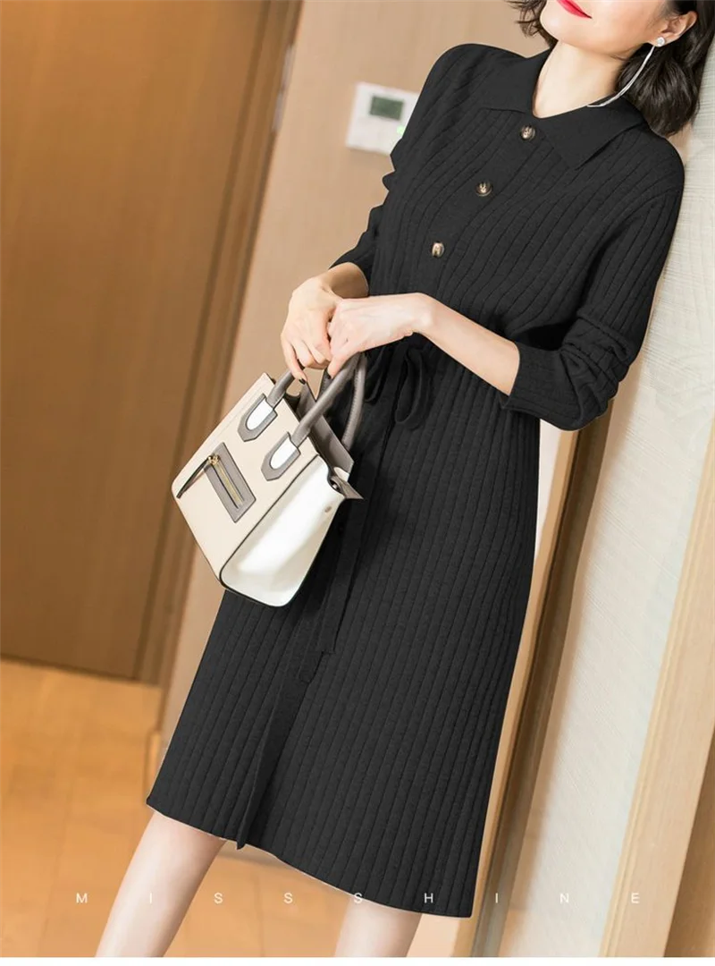 Loose Pullover Sweater Dress Lace-UP 2026 New Spring Size XXXL High-End Turn-Down Collor Long Knitted Dress Women's Autumn Dress