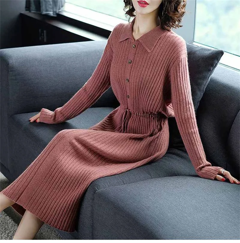 Loose Pullover Sweater Dress Lace-UP 2026 New Spring Size XXXL High-End Turn-Down Collor Long Knitted Dress Women's Autumn Dress