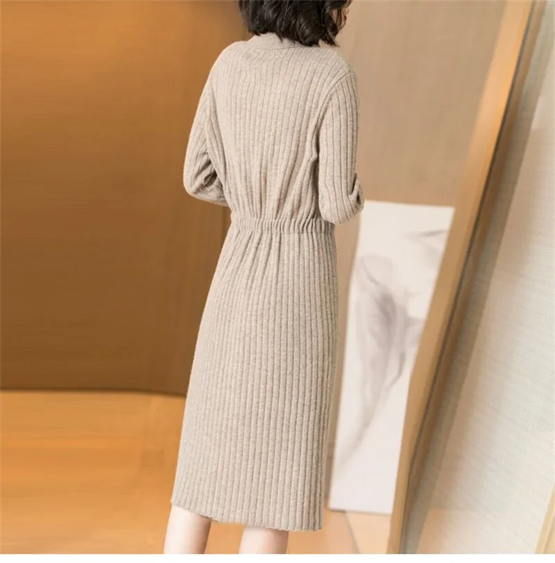 Loose Pullover Sweater Dress Lace-UP 2026 New Spring Size XXXL High-End Turn-Down Collor Long Knitted Dress Women's Autumn Dress