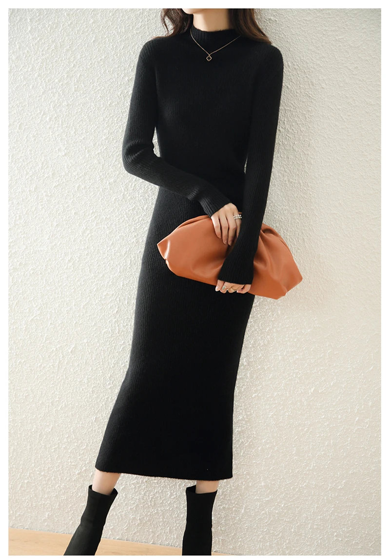 LONGMING Women Knitted Dress 100% Wool Sweater Dress Autumn Winter Slim Knit Maxi Long Sweater Dress Lady Pullover Dresses Solid