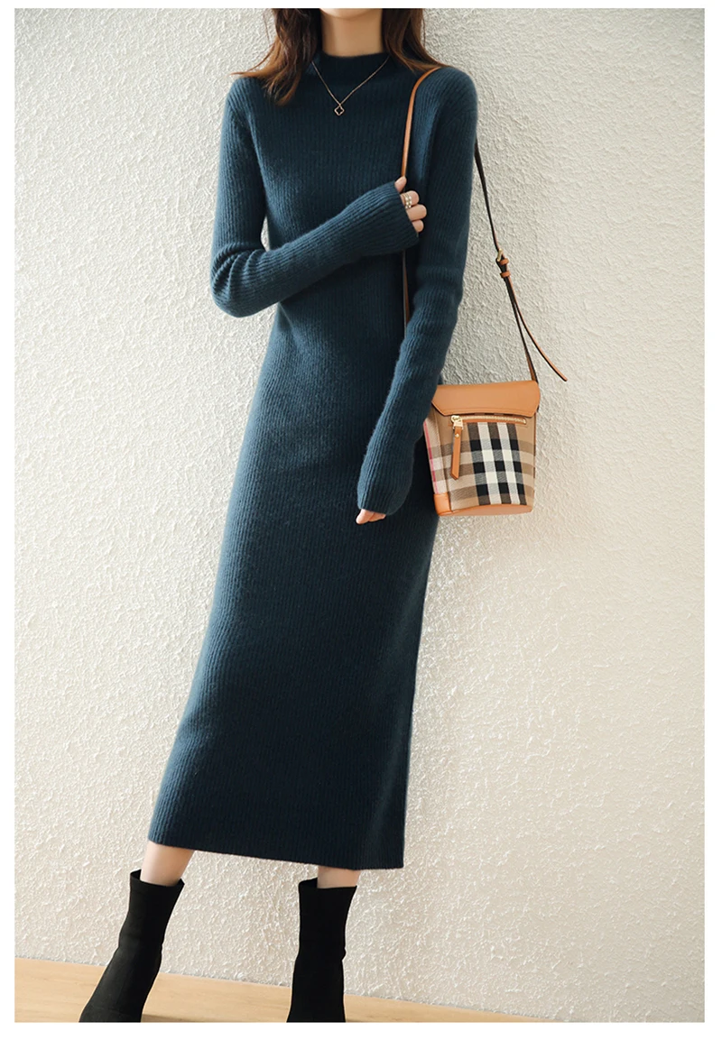 LONGMING Women Knitted Dress 100% Wool Sweater Dress Autumn Winter Slim Knit Maxi Long Sweater Dress Lady Pullover Dresses Solid