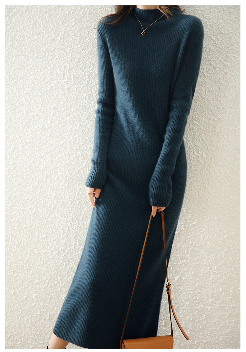 LONGMING Women Knitted Dress 100% Wool Sweater Dress Autumn Winter Slim Knit Maxi Long Sweater Dress Lady Pullover Dresses Solid