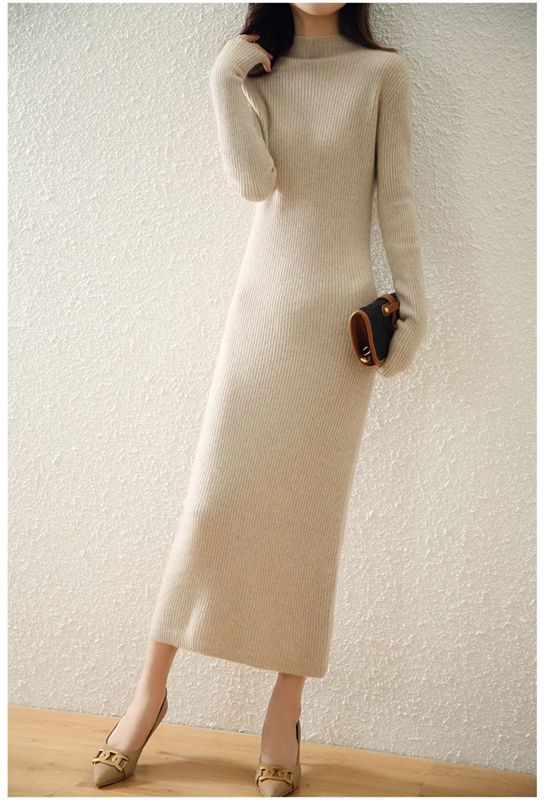 LONGMING Women Knitted Dress 100% Wool Sweater Dress Autumn Winter Slim Knit Maxi Long Sweater Dress Lady Pullover Dresses Solid
