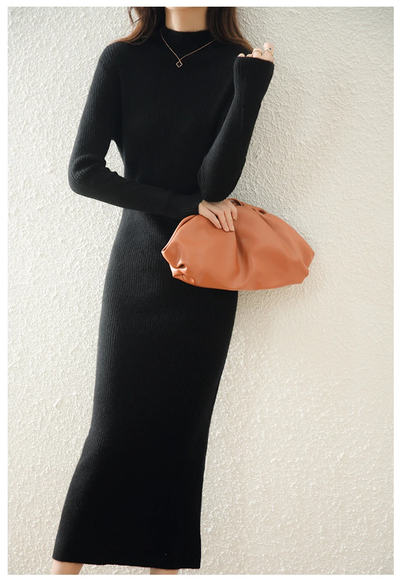 LONGMING Women Knitted Dress 100% Wool Sweater Dress Autumn Winter Slim Knit Maxi Long Sweater Dress Lady Pullover Dresses Solid