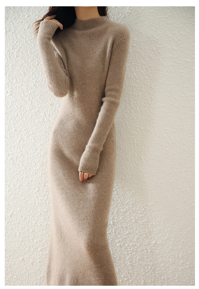 LONGMING Women Knitted Dress 100% Wool Sweater Dress Autumn Winter Slim Knit Maxi Long Sweater Dress Lady Pullover Dresses Solid