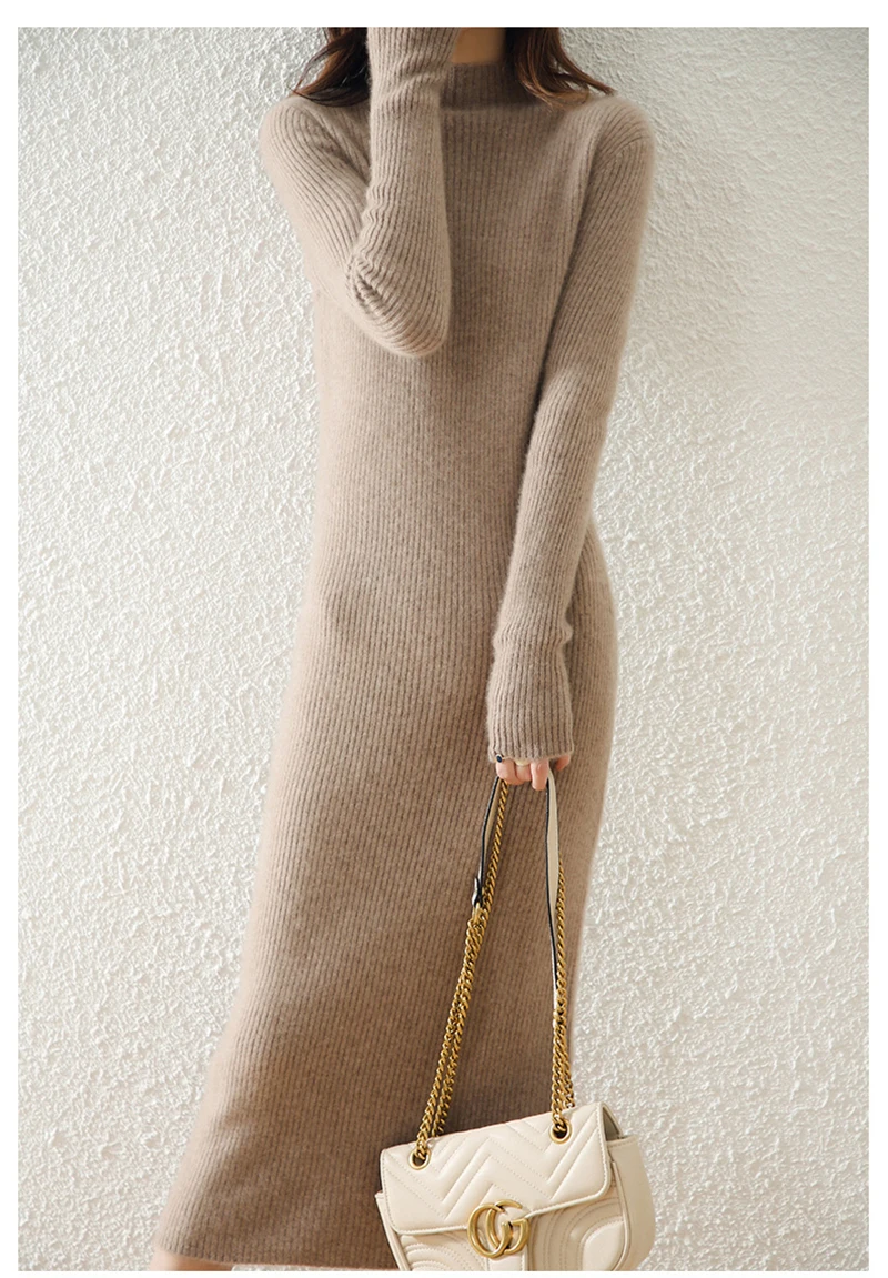 LONGMING Women Knitted Dress 100% Wool Sweater Dress Autumn Winter Slim Knit Maxi Long Sweater Dress Lady Pullover Dresses Solid