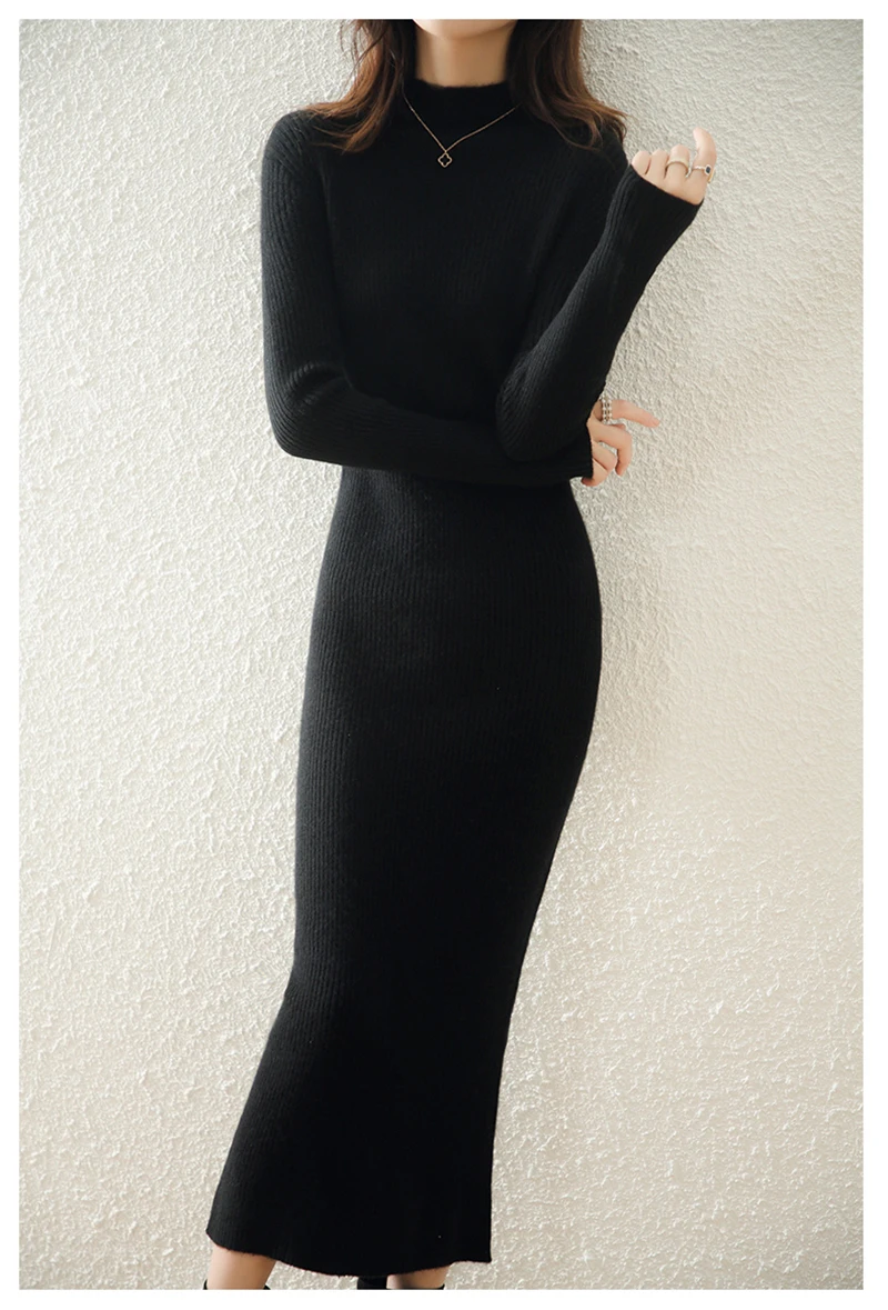 LONGMING Women Knitted Dress 100% Wool Sweater Dress Autumn Winter Slim Knit Maxi Long Sweater Dress Lady Pullover Dresses Solid