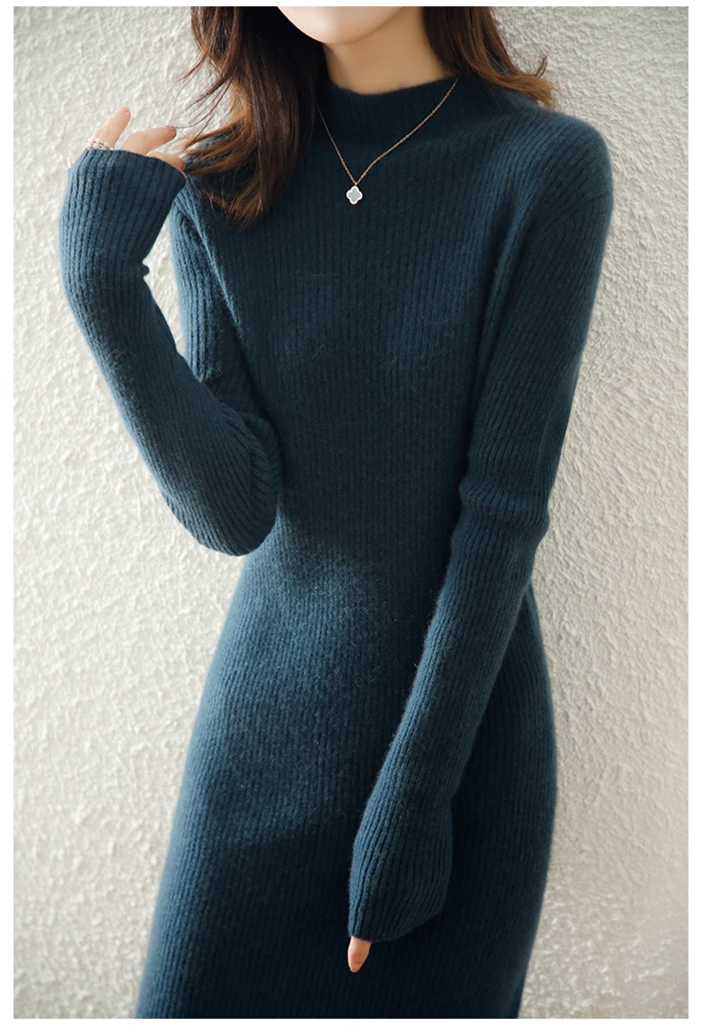 LONGMING Women Knitted Dress 100% Wool Sweater Dress Autumn Winter Slim Knit Maxi Long Sweater Dress Lady Pullover Dresses Solid