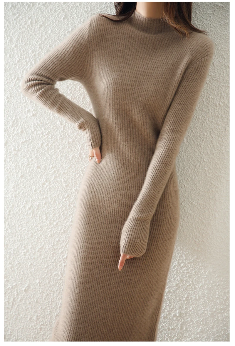 LONGMING Women Knitted Dress 100% Wool Sweater Dress Autumn Winter Slim Knit Maxi Long Sweater Dress Lady Pullover Dresses Solid