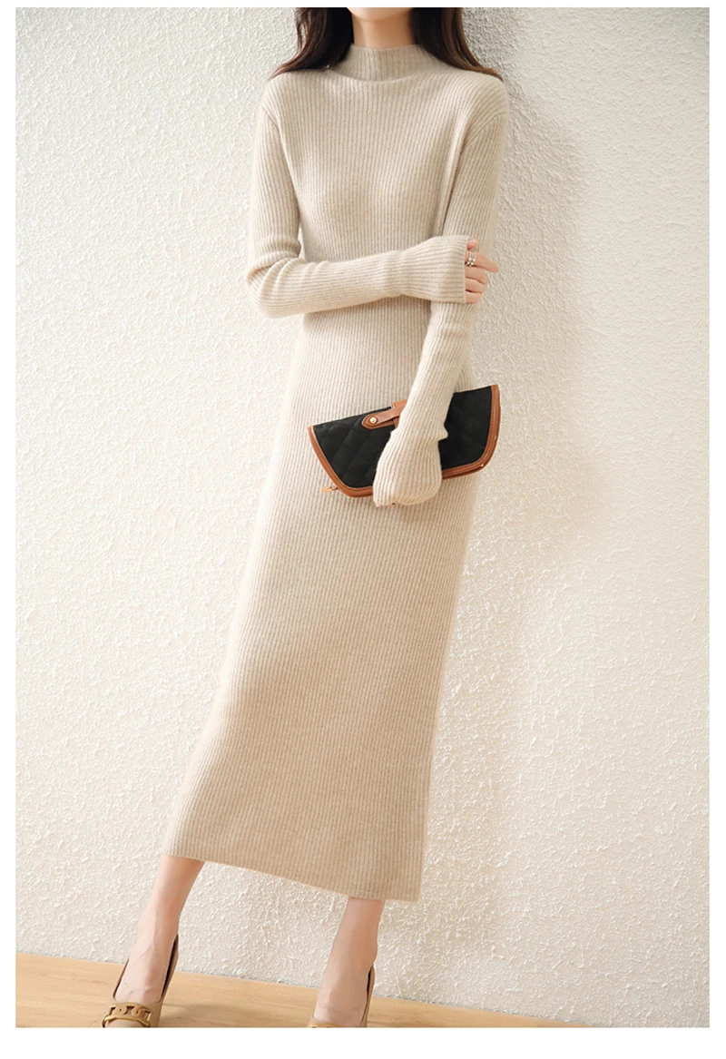 LONGMING Women Knitted Dress 100% Wool Sweater Dress Autumn Winter Slim Knit Maxi Long Sweater Dress Lady Pullover Dresses Solid