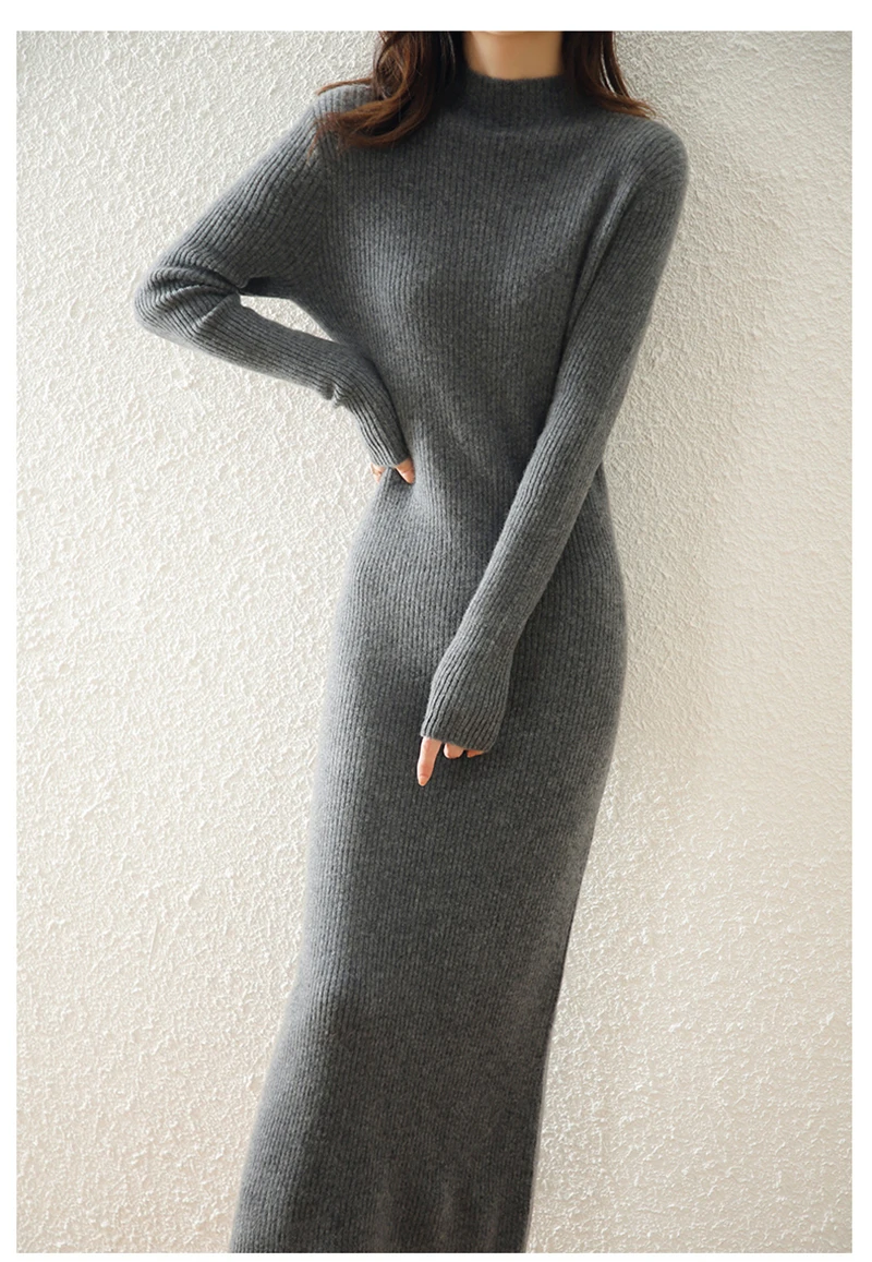LONGMING Women Knitted Dress 100% Wool Sweater Dress Autumn Winter Slim Knit Maxi Long Sweater Dress Lady Pullover Dresses Solid