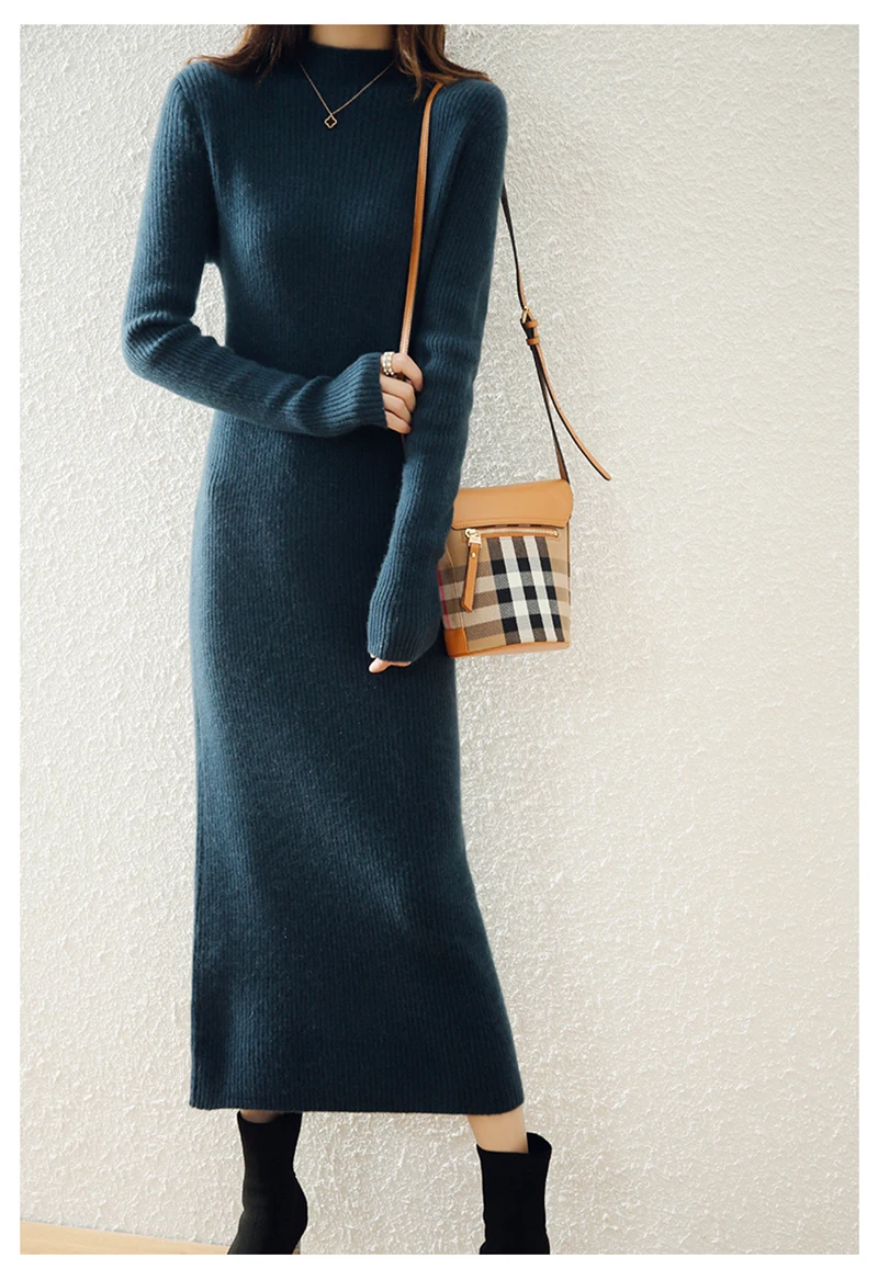 LONGMING Women Knitted Dress 100% Wool Sweater Dress Autumn Winter Slim Knit Maxi Long Sweater Dress Lady Pullover Dresses Solid