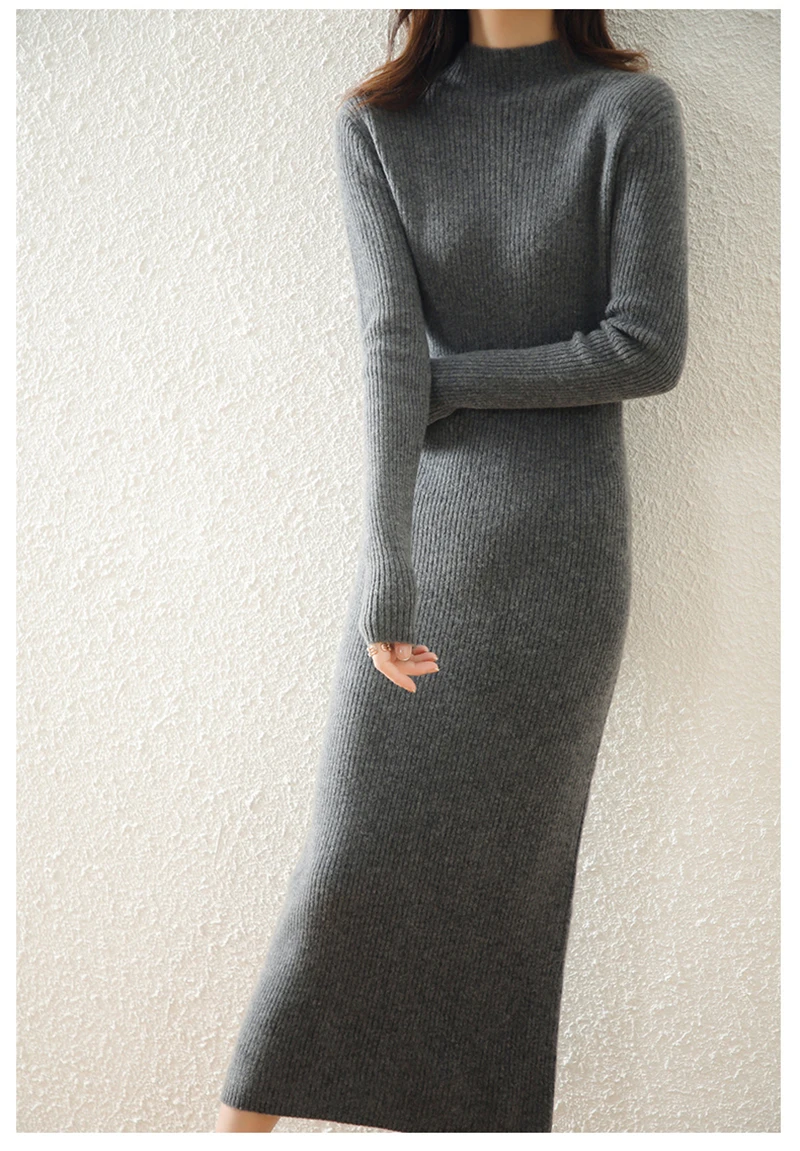 LONGMING Women Knitted Dress 100% Wool Sweater Dress Autumn Winter Slim Knit Maxi Long Sweater Dress Lady Pullover Dresses Solid