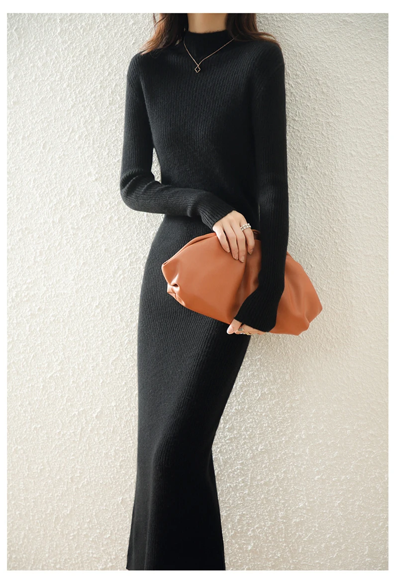 LONGMING Women Knitted Dress 100% Wool Sweater Dress Autumn Winter Slim Knit Maxi Long Sweater Dress Lady Pullover Dresses Solid