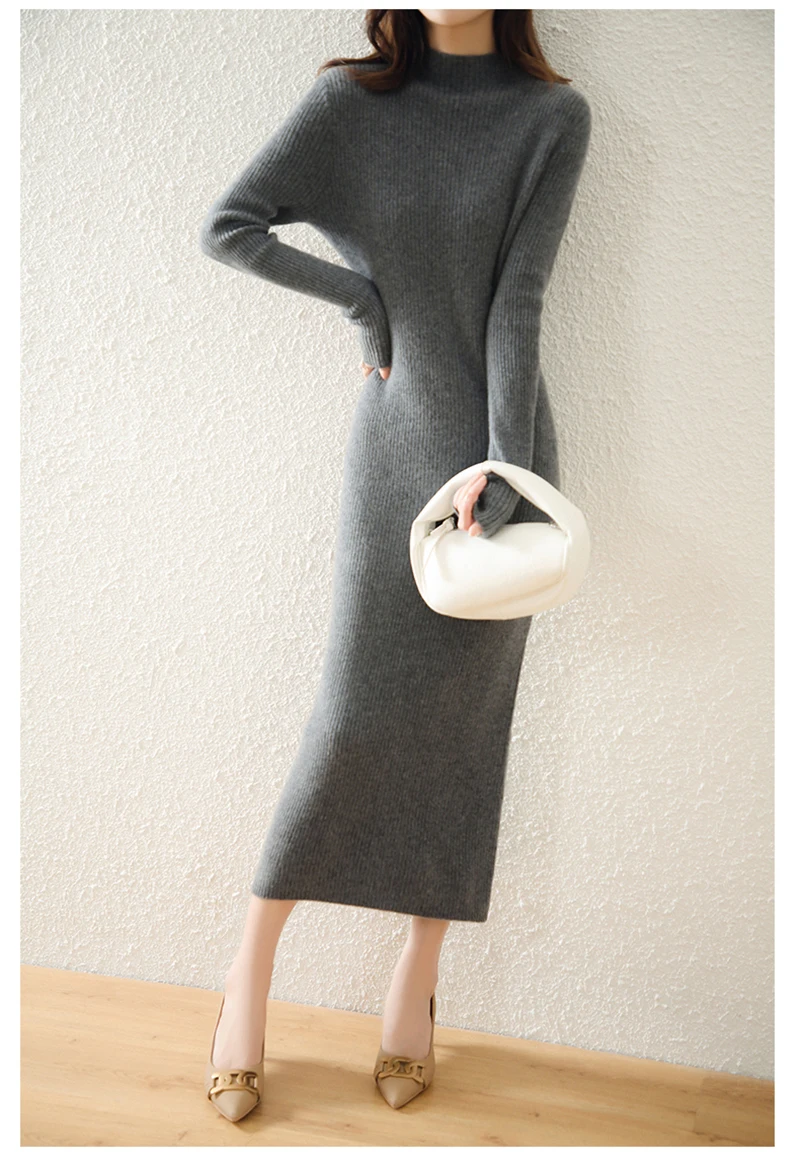 LONGMING Women Knitted Dress 100% Wool Sweater Dress Autumn Winter Slim Knit Maxi Long Sweater Dress Lady Pullover Dresses Solid