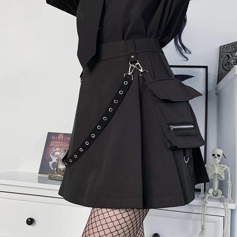 Black Skirt Harajuku Punk Gothic Black High Waist Black Women Sexy Patchwork Bandage Mini Skirt Female Streetwear