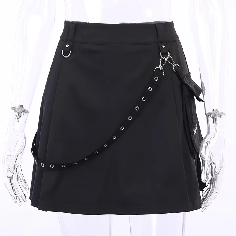 Black Skirt Harajuku Punk Gothic Black High Waist Black Women Sexy Patchwork Bandage Mini Skirt Female Streetwear