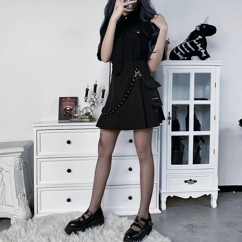 Black Skirt Harajuku Punk Gothic Black High Waist Black Women Sexy Patchwork Bandage Mini Skirt Female Streetwear