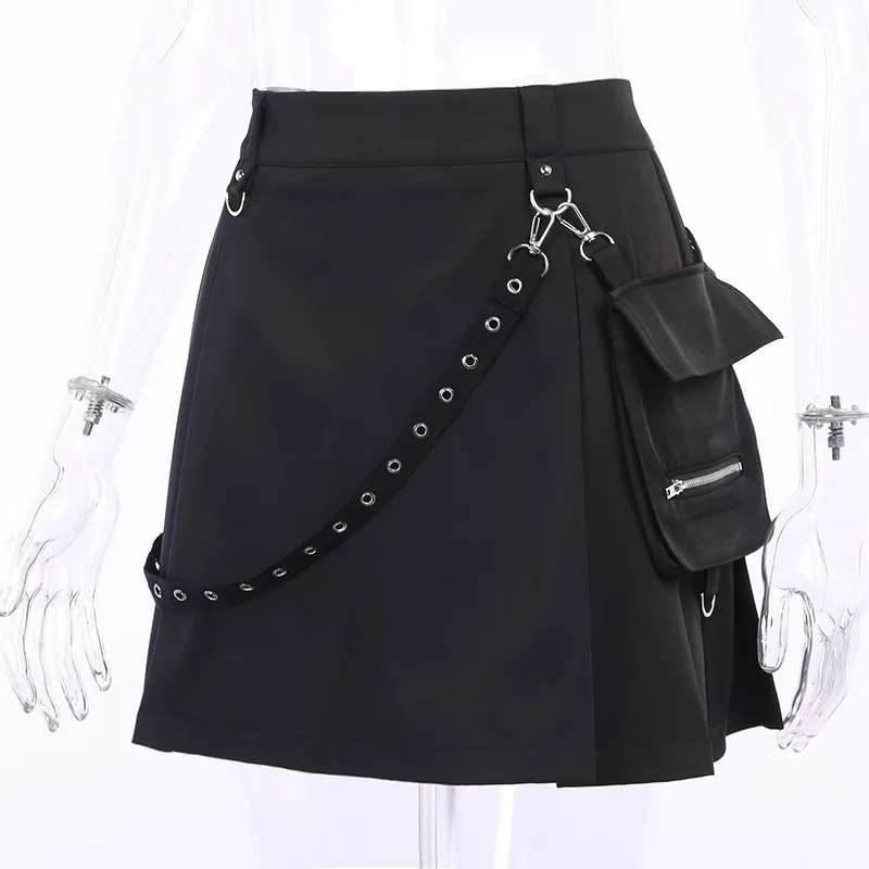 Black Skirt Harajuku Punk Gothic Black High Waist Black Women Sexy Patchwork Bandage Mini Skirt Female Streetwear
