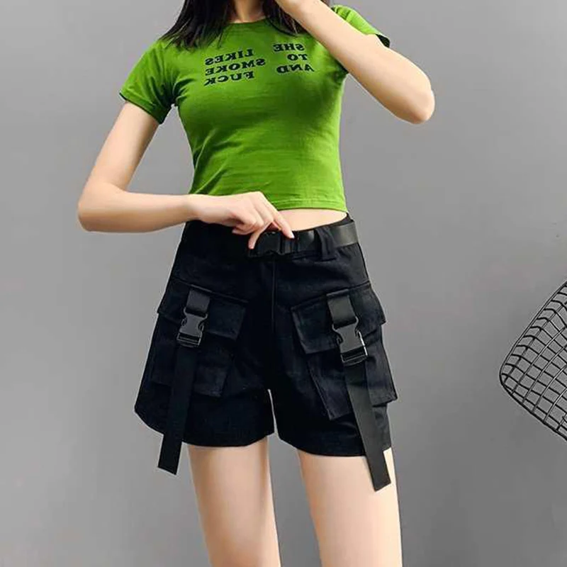 MEXZT Cargo Shorts Women Harajuku Streetwear High Waist Pockets Belt Wide Leg Shorts Korean Loose All Match Casual Short Pants
