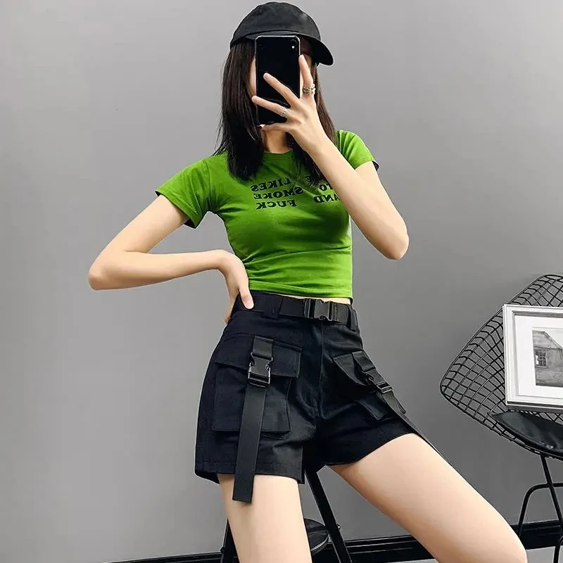 MEXZT Cargo Shorts Women Harajuku Streetwear High Waist Pockets Belt Wide Leg Shorts Korean Loose All Match Casual Short Pants