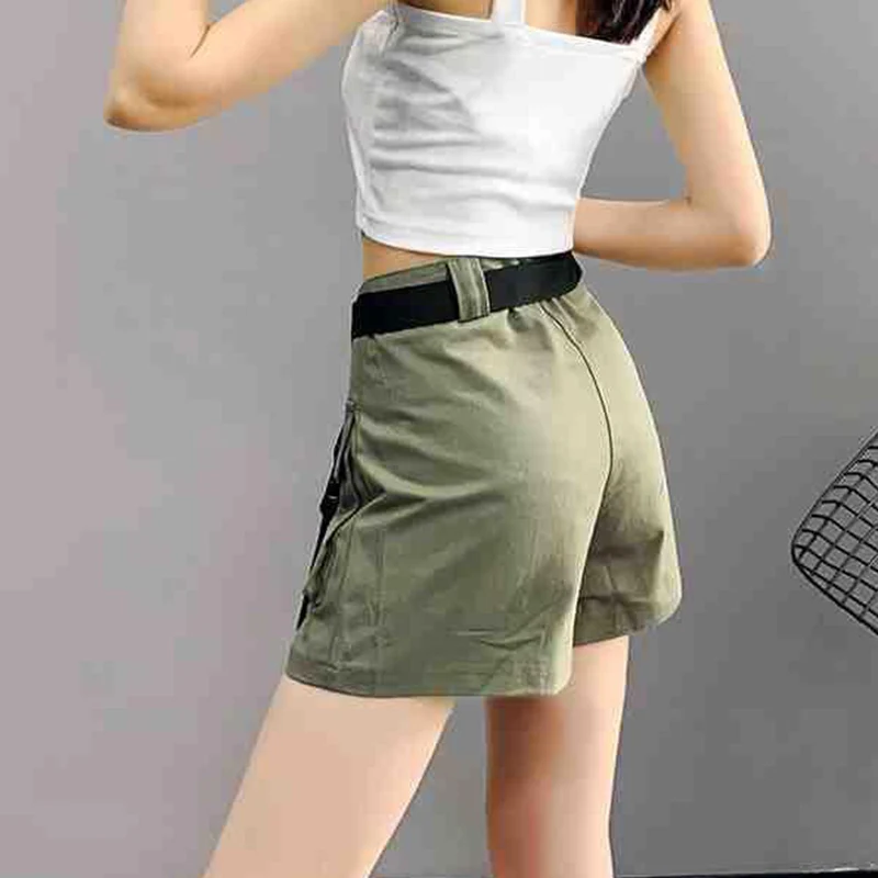 MEXZT Cargo Shorts Women Harajuku Streetwear High Waist Pockets Belt Wide Leg Shorts Korean Loose All Match Casual Short Pants