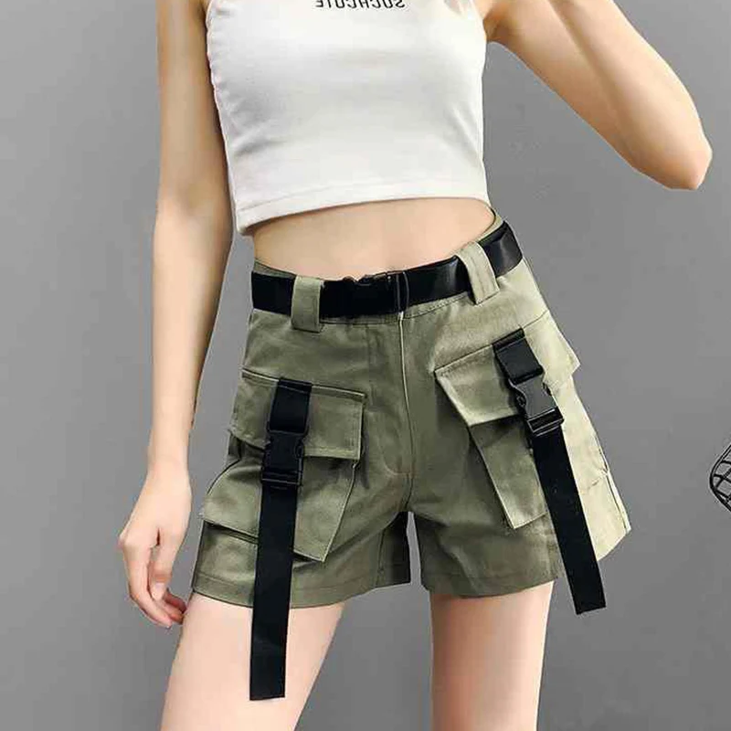 MEXZT Cargo Shorts Women Harajuku Streetwear High Waist Pockets Belt Wide Leg Shorts Korean Loose All Match Casual Short Pants