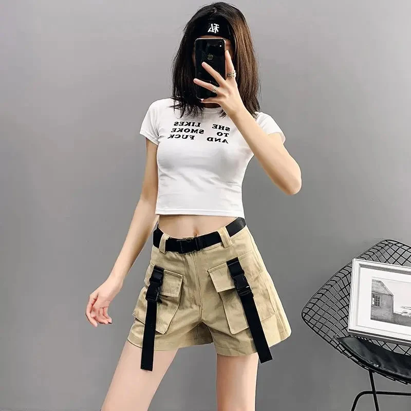 MEXZT Cargo Shorts Women Harajuku Streetwear High Waist Pockets Belt Wide Leg Shorts Korean Loose All Match Casual Short Pants