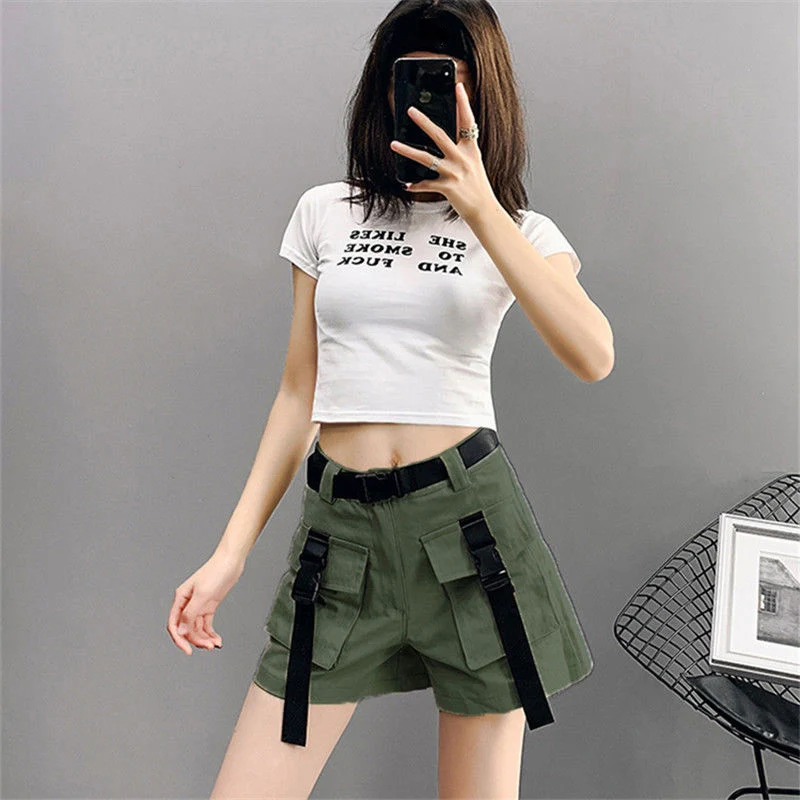 MEXZT Cargo Shorts Women Harajuku Streetwear High Waist Pockets Belt Wide Leg Shorts Korean Loose All Match Casual Short Pants