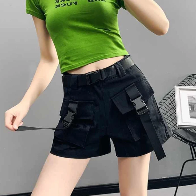 MEXZT Cargo Shorts Women Harajuku Streetwear High Waist Pockets Belt Wide Leg Shorts Korean Loose All Match Casual Short Pants