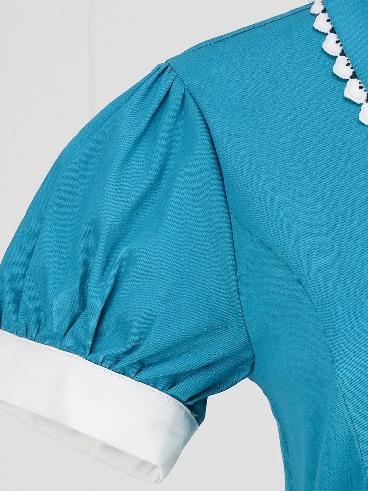 Tonval Peter Pan Collar Puff Sleeve Turquoise Cotton Dresses Women 2026 Elegant Plain Vintage Style Pockets Side Midi Dress