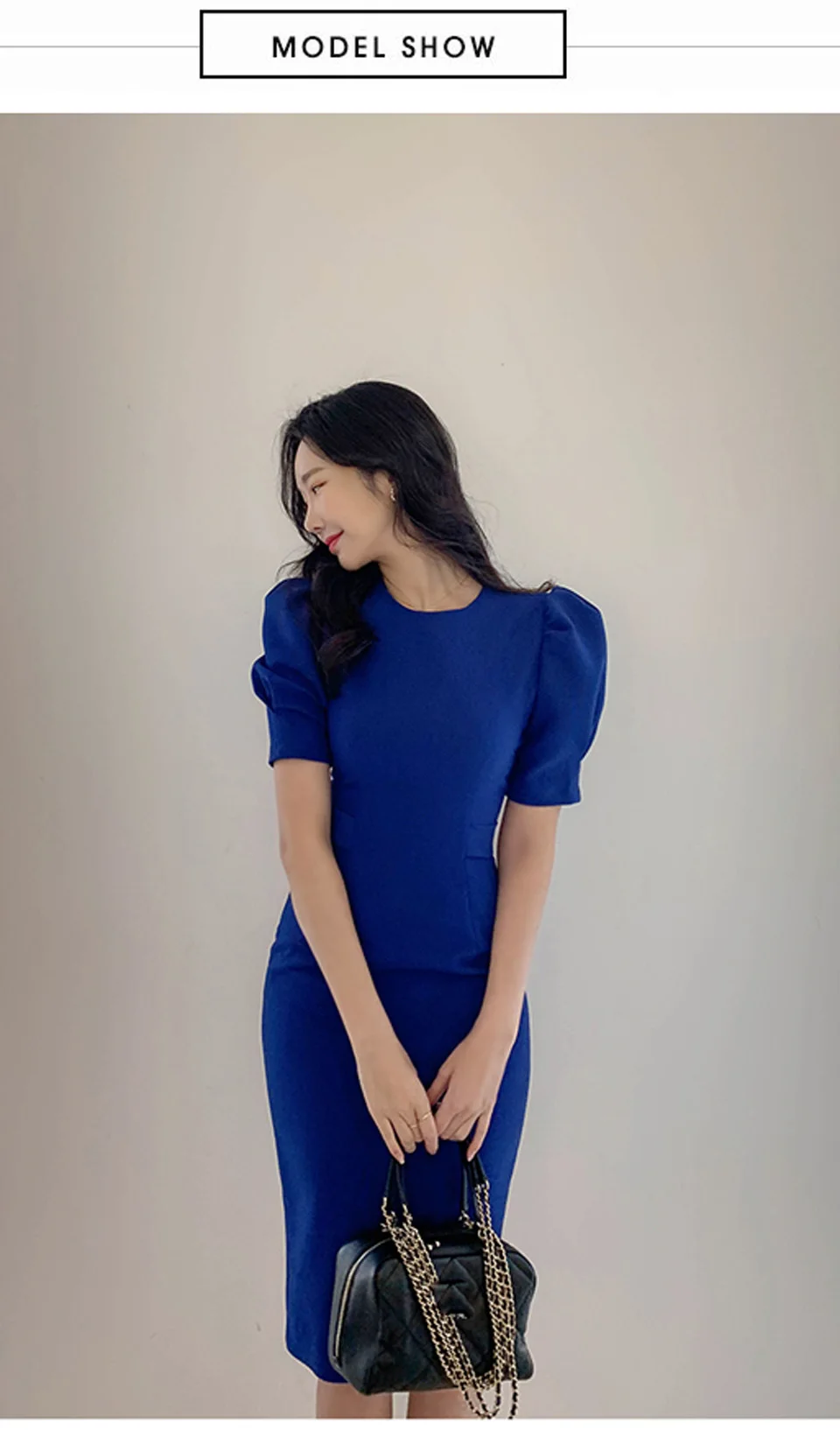 Blue Office Lady Dress 2027 Spring High Waist Pencil Fashion Simple Puff SleeveTemperament Women Elegant Party Dress Women