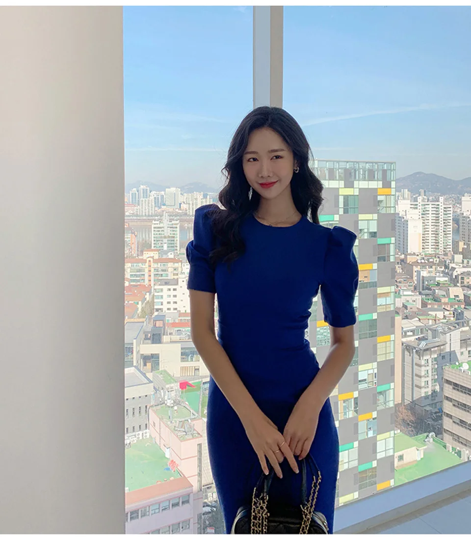 Blue Office Lady Dress 2027 Spring High Waist Pencil Fashion Simple Puff SleeveTemperament Women Elegant Party Dress Women