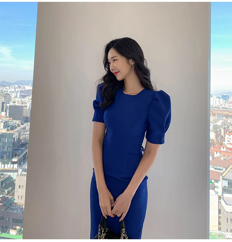 Blue Office Lady Dress 2027 Spring High Waist Pencil Fashion Simple Puff SleeveTemperament Women Elegant Party Dress Women