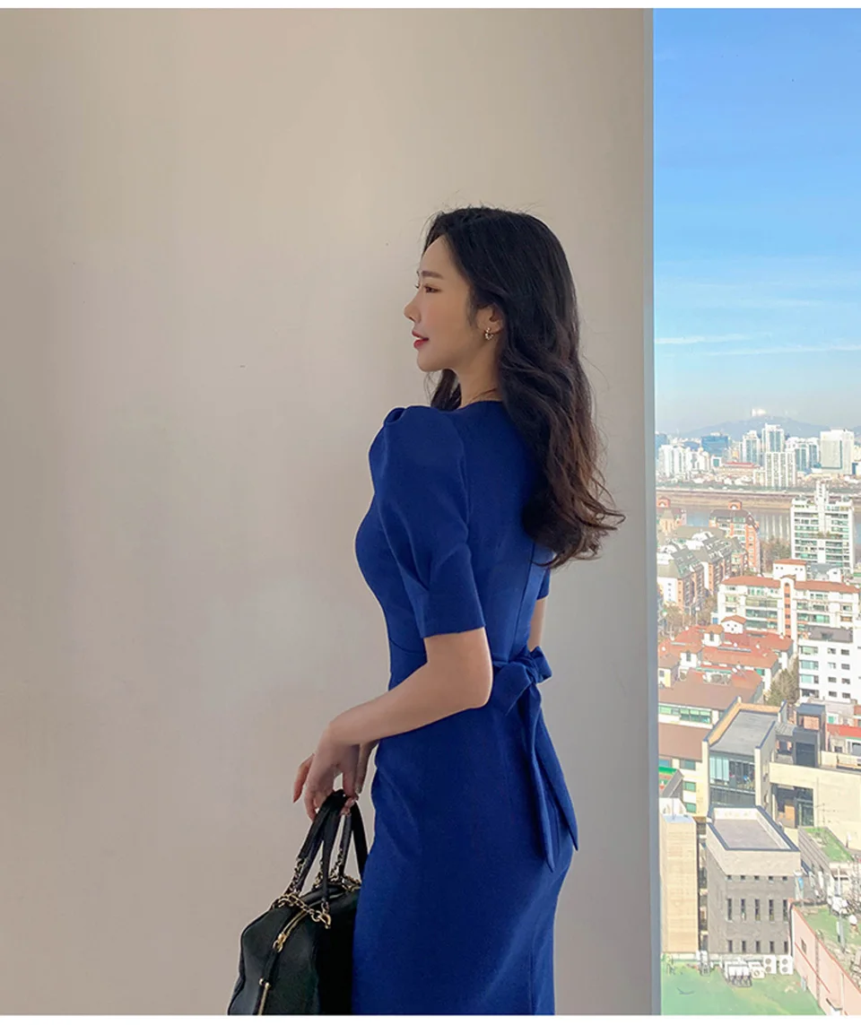 Blue Office Lady Dress 2027 Spring High Waist Pencil Fashion Simple Puff SleeveTemperament Women Elegant Party Dress Women