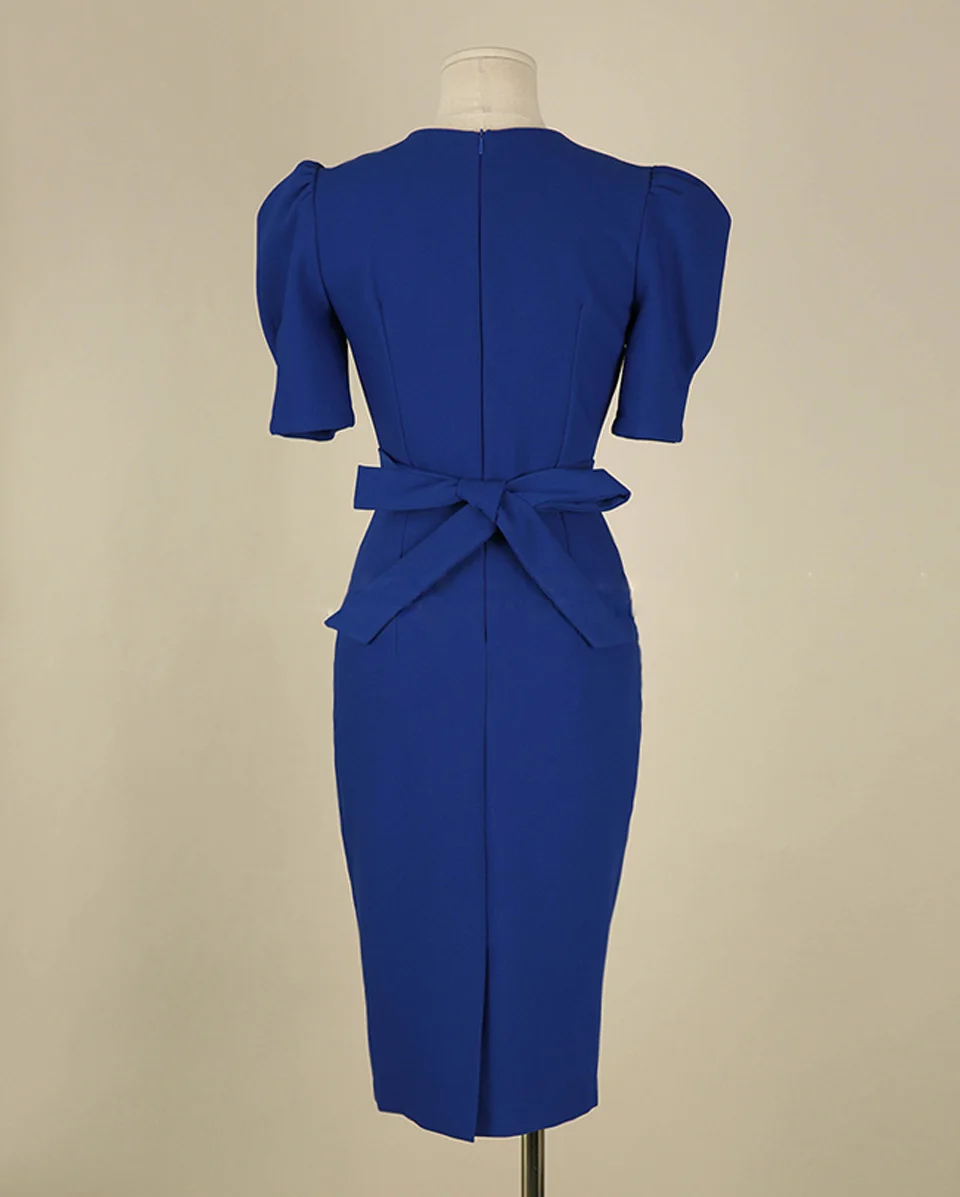 Blue Office Lady Dress 2027 Spring High Waist Pencil Fashion Simple Puff SleeveTemperament Women Elegant Party Dress Women