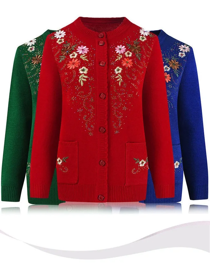 Middle-aged and elderly women's Embroidery Knit Cardigan Jacket Single-breasted Slim Sweater Coat Thin Grandma Spring Clothing