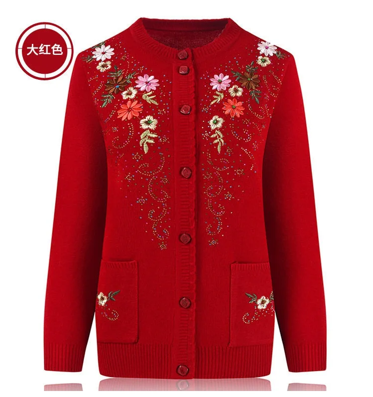 Middle-aged and elderly women's Embroidery Knit Cardigan Jacket Single-breasted Slim Sweater Coat Thin Grandma Spring Clothing