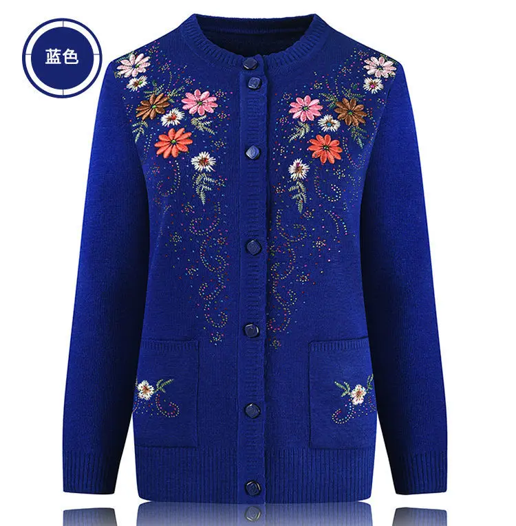 Middle-aged and elderly women's Embroidery Knit Cardigan Jacket Single-breasted Slim Sweater Coat Thin Grandma Spring Clothing