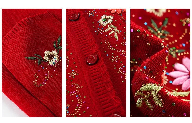 Middle-aged and elderly women's Embroidery Knit Cardigan Jacket Single-breasted Slim Sweater Coat Thin Grandma Spring Clothing